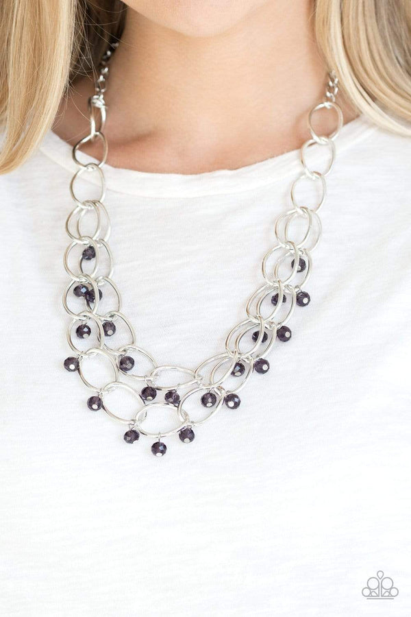 Paparazzi Accessories -Yacht Tour- Purple Crystal Like Bead Silver Link Necklace and Earring Set