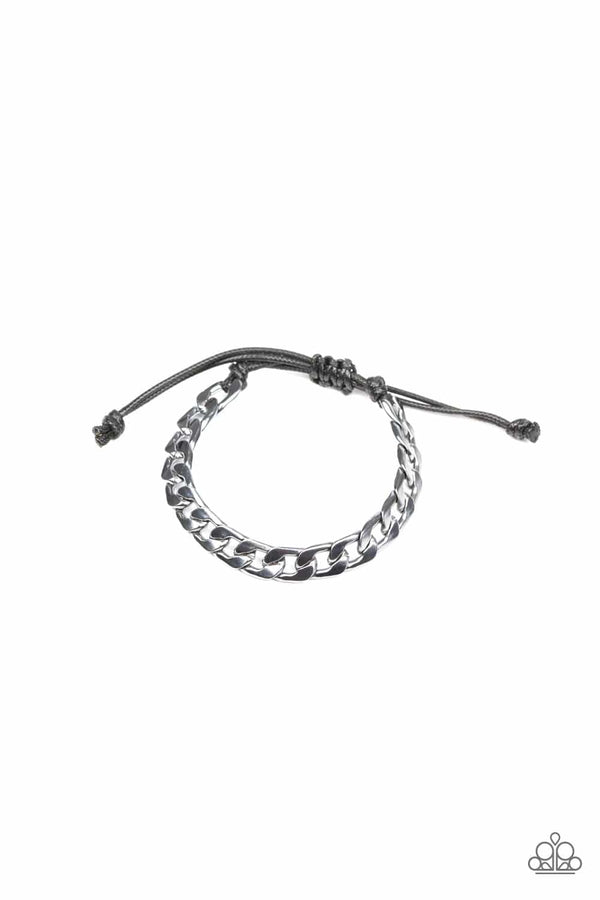 Score!-Silver Men's Bracelet-Jazzi Jewelz Boutique by Raven   Shiny black cording knots around the ends of a thick gunmetal curb chain that is wrapped across the top of the wrist for a versatile look. Features an adjustable sliding knot closure.  Sold as one individual bracelet.