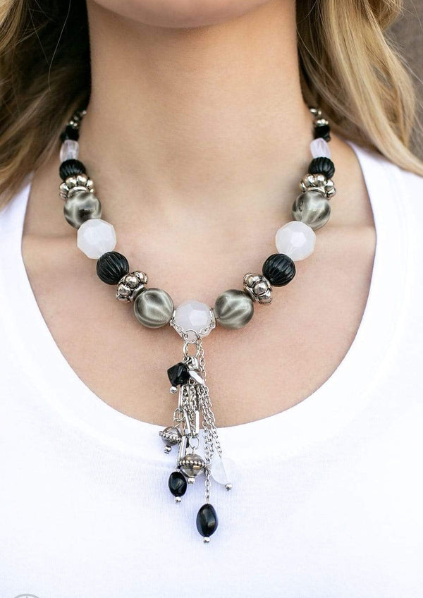 Jazzi Jewelz boutique-Break A Leg-Black & White Beaded Silver Chain Necklace and Earring Set